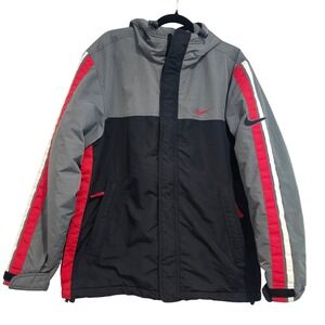 Nike Jacket Mens Medium Gray Black Red White Hooded Padded Winter Coat